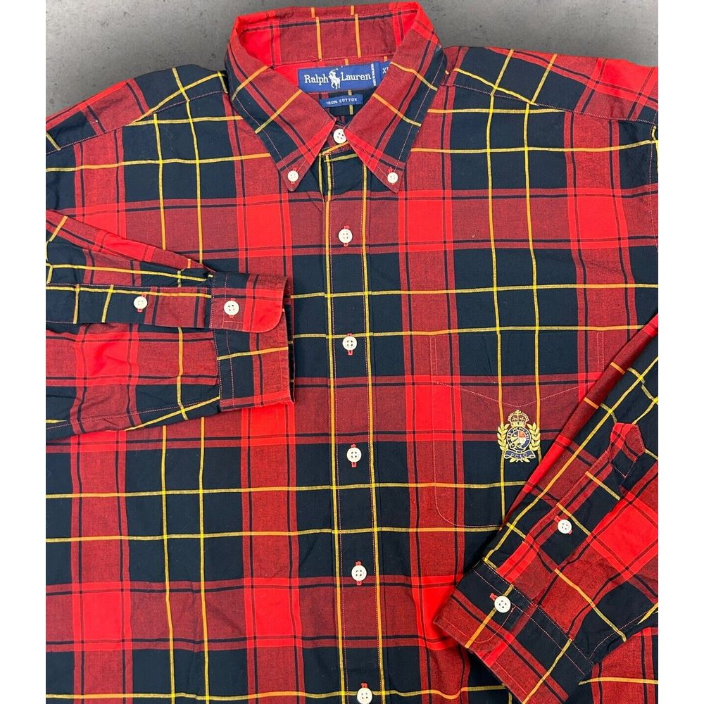 Vintage Ralph Lauren Crest Button Up Plaid Buffalo Red Black Long Sleeve Xl